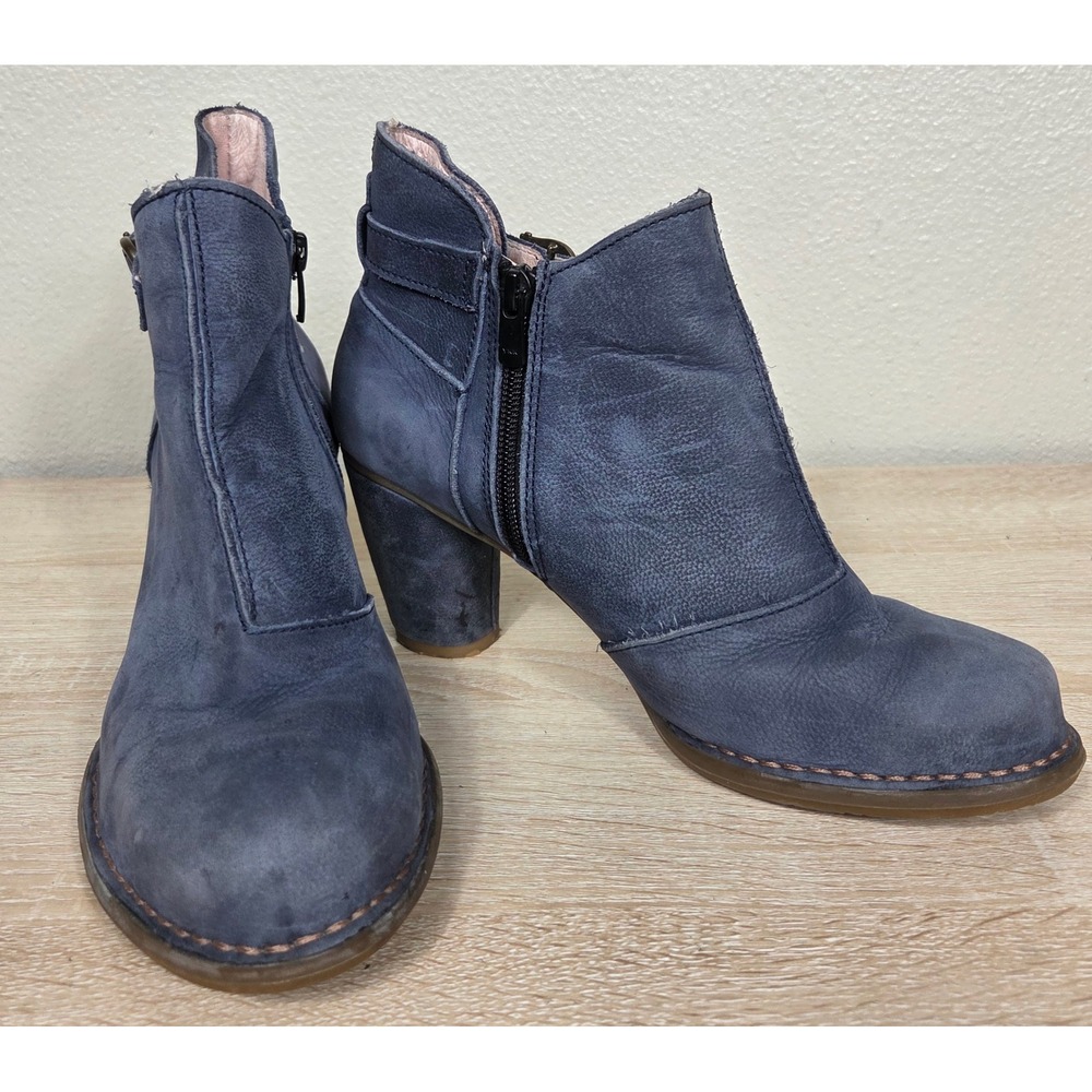 El Naturalista Colibri N472 Blue Leather Ankle Boots EU 38 Block Heel Buckle Zip